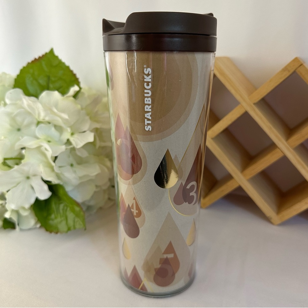 Starbucks 2012 31 Days of Coffee Brown Gold Acrylic Thermal Travel Mug 16 fl.oz.